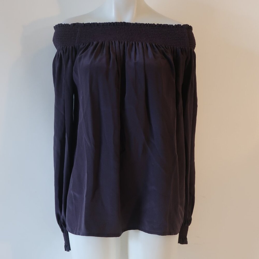 Womens Sunner Navy Blue Off the Shoulder 100% Silk Tunic Blouse Top M